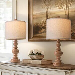 Set of 2- Vintage Resin Table Lamps for Nightstands with Linen Shades 20" High